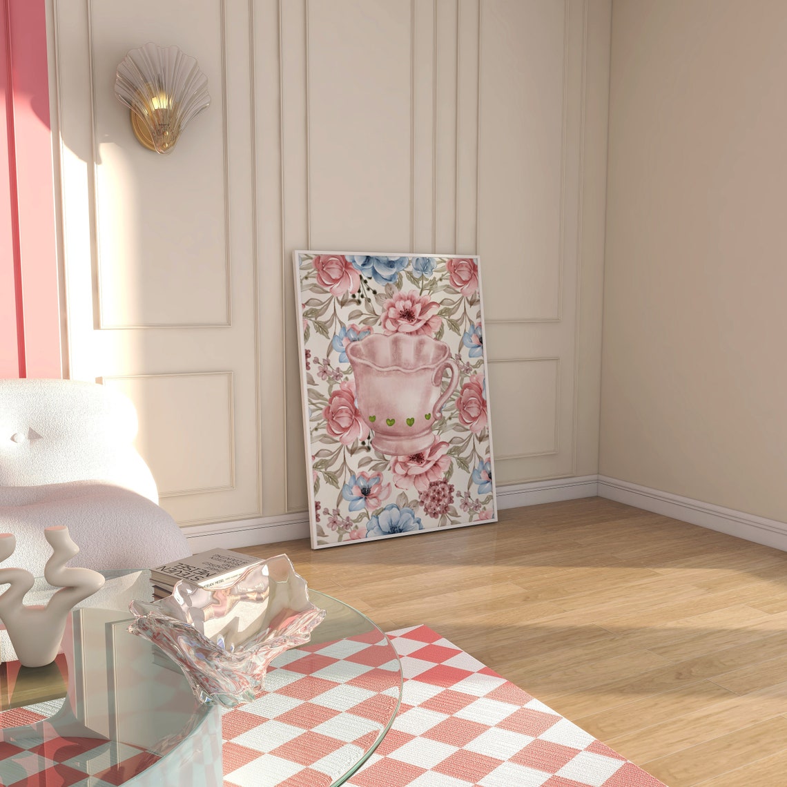 Pink Teacup With Green Hearts Floral Cottagecore Kitchen Poster - Image 3