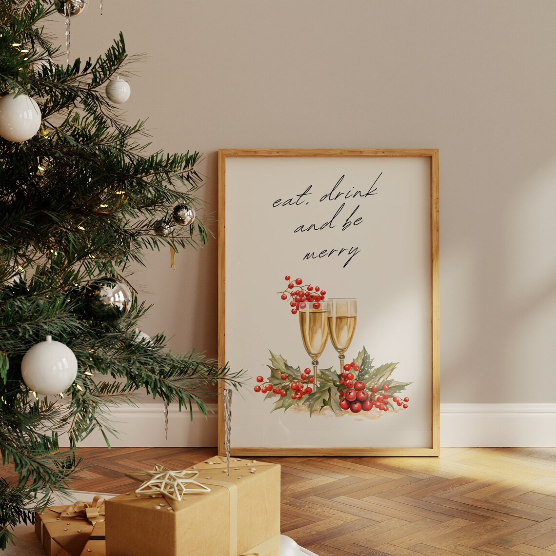 Eat Drink and Be Merry Watercolor Champagne Toast Bar Cart Holiday Poster - Image 4