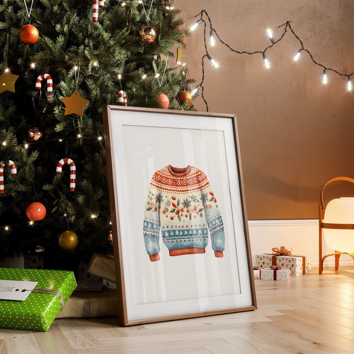 Watercolor Ugly Christmas Sweater Festive Nordic Knit Poster - Image 5