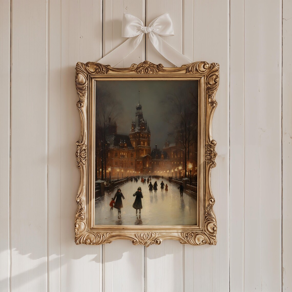 Night Ice Skating by the Illuminated Grand Hotel Vintage Painting Poster - Image 3