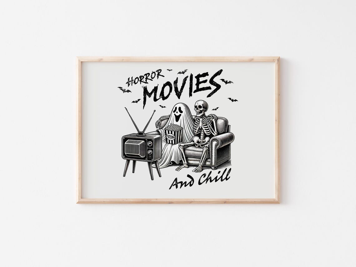 Horror Movies And Chill Ghost Skeleton White Halloween Poster - Image 5