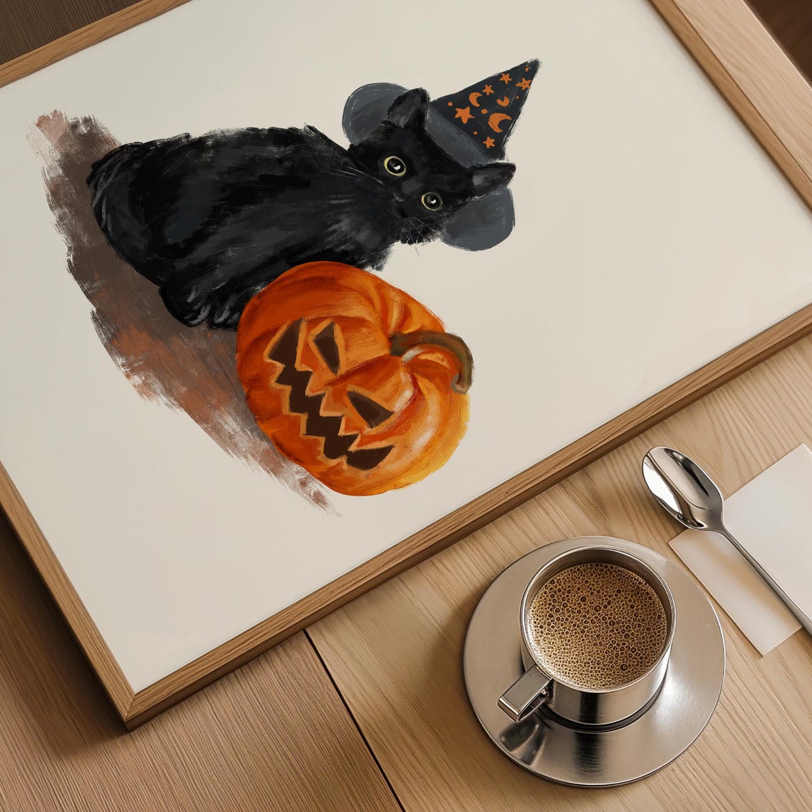 Cute Black Cat in Witch Hat with Jack O Lantern Halloween Art Poster - Image 4
