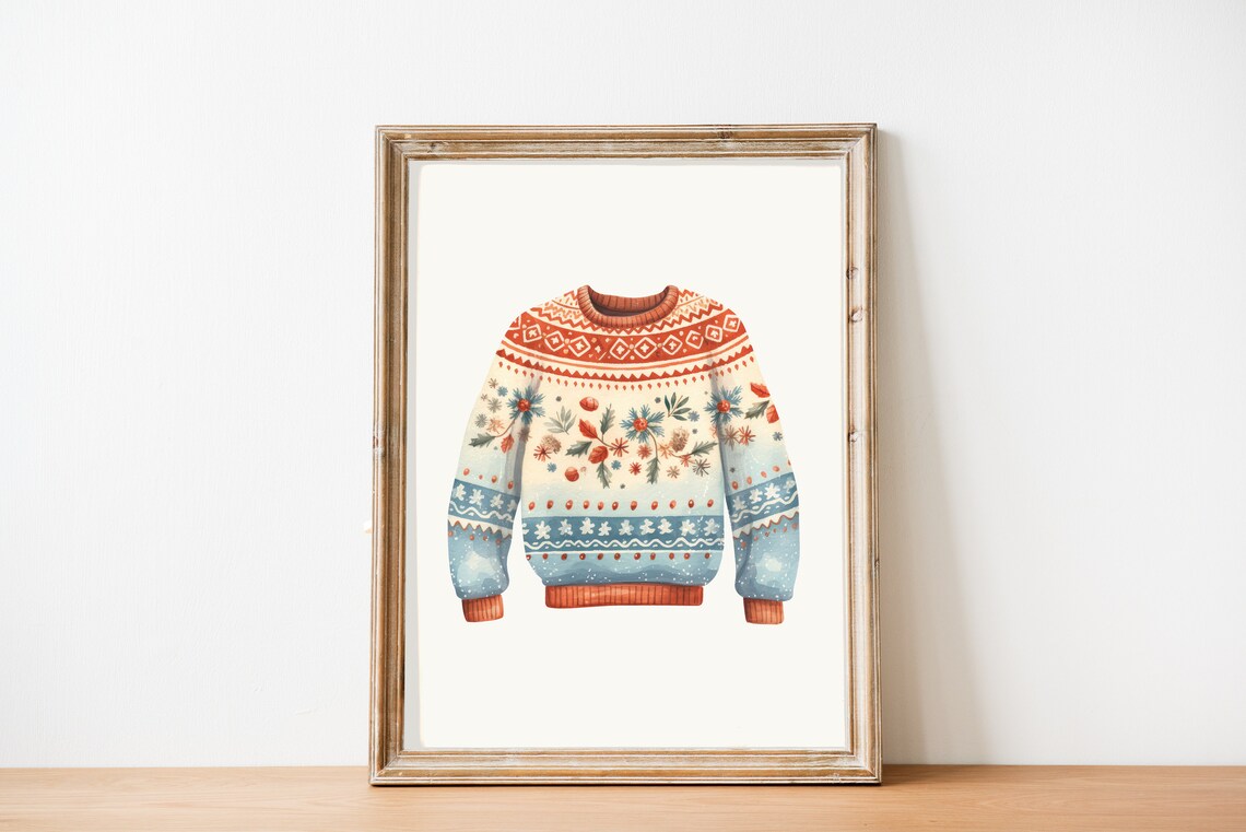Watercolor Ugly Christmas Sweater Festive Nordic Knit Poster - Image 3