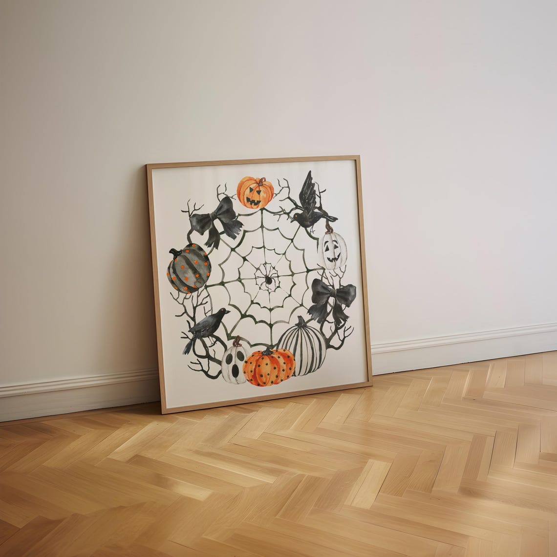 Cute Halloween Spider Web Wreath With Pumpkins and Crows Poster - Image 3