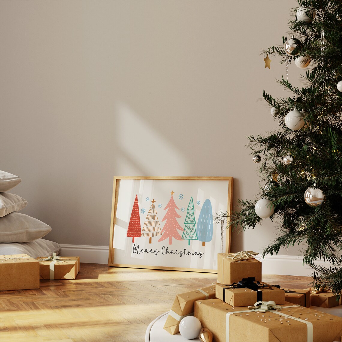 Cute Merry Christmas Tree Art Print, Cozy Holiday Decor - Image 3