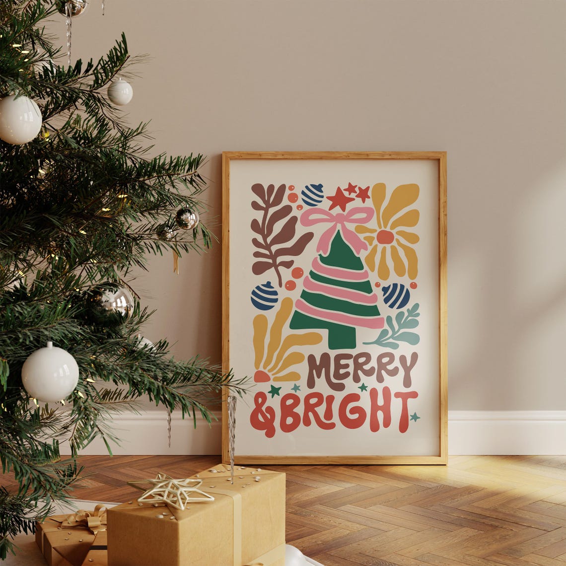 Merry And Bright Pink Retro Christmas Tree Holiday Decor Poster - Image 5