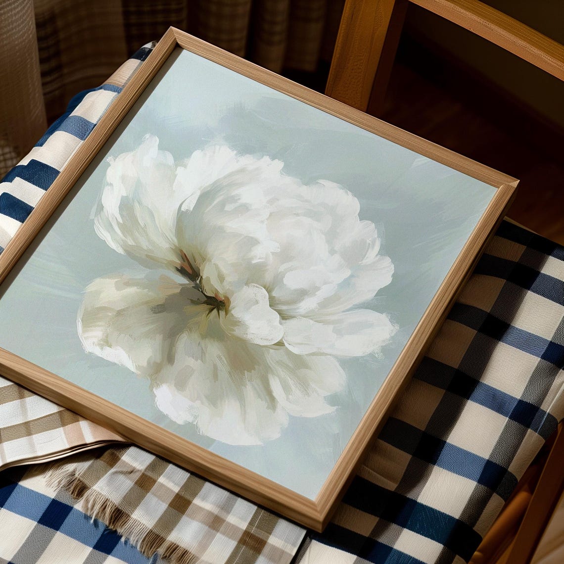 White Peony Side View on Pale Sage Blue Soft Floral Art Poster - Image 4