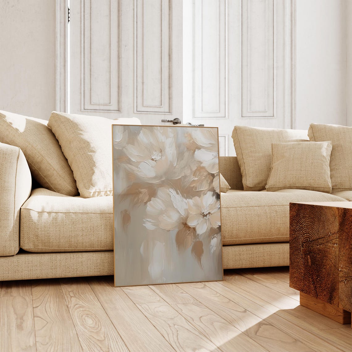 Abstract Beige Flowers Textured Impasto Floral Painting Poster - Image 3