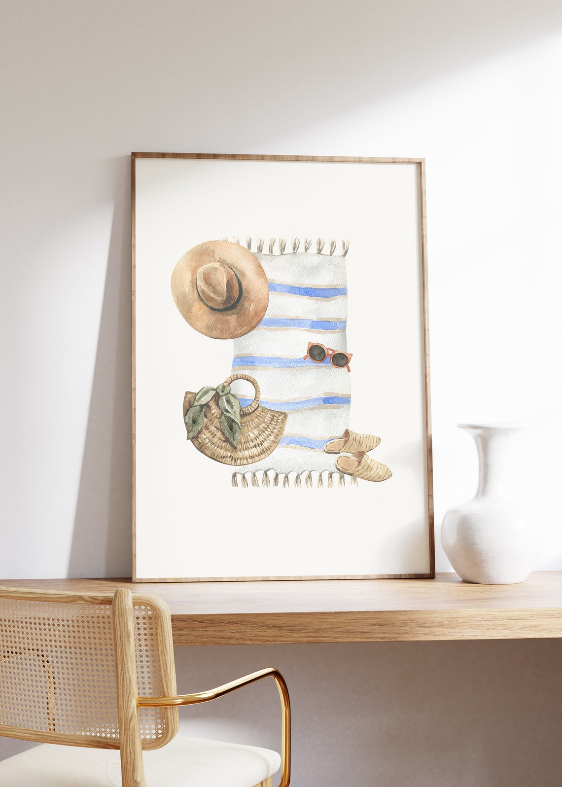 Striped Towel Straw Hat Beach Essentials Watercolor Coastal Poster - Image 5