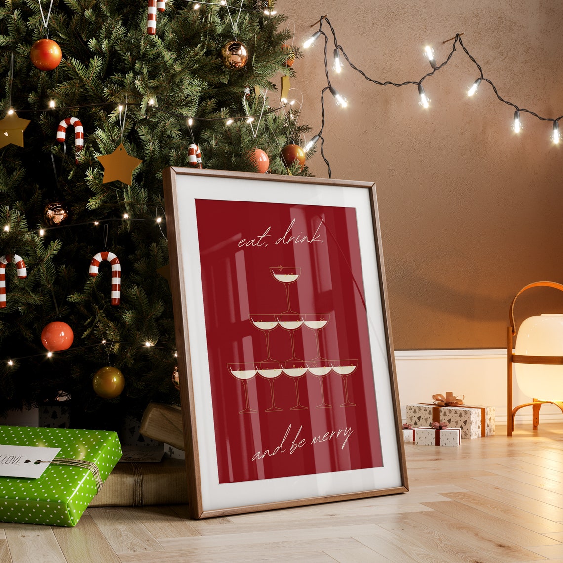 Eat Drink And Be Merry Bold Red Champagne Coupe Tower Party Poster - Image 4