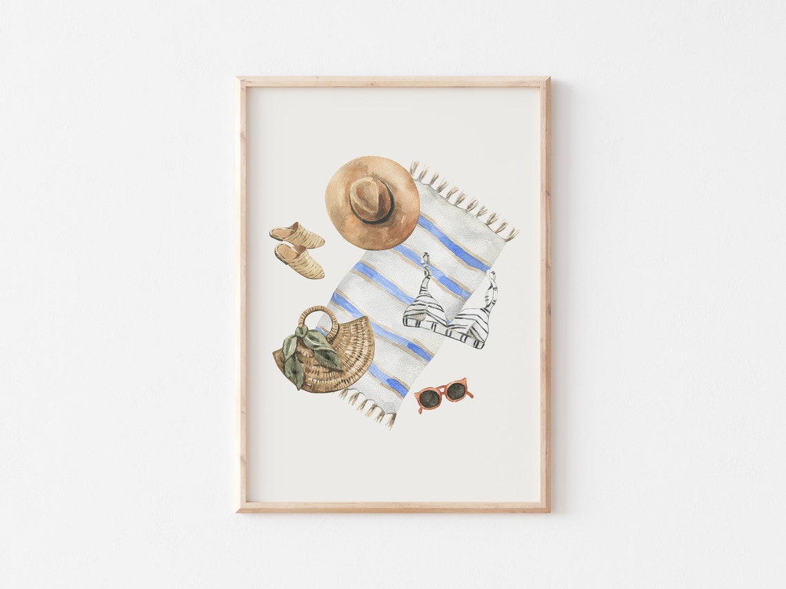 Summer Beach Essentials Watercolor Flat Lay Towel Hat Poster - Image 4