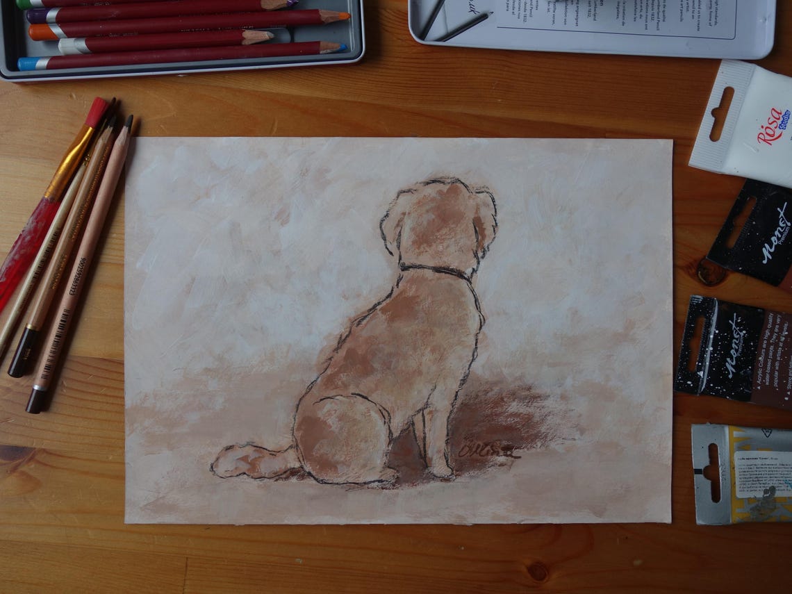 Small Dog Sitting with Back Turned Neutral Watercolor Sketch Poster - Image 3