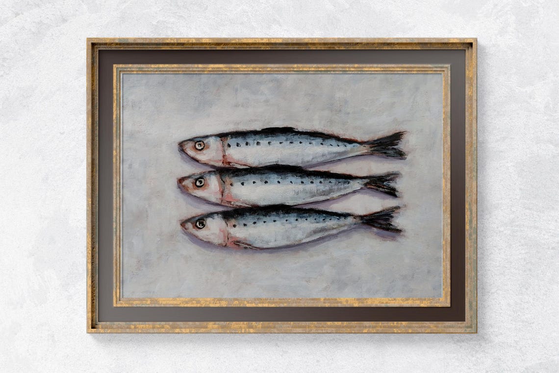 Three Silver Sardines Lined Up in a Neat Row Kitchen Art Poster - Image 2