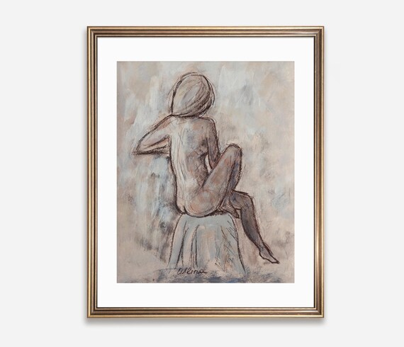 Seated Woman Figure Charcoal Life Drawing Study Neutral Poster