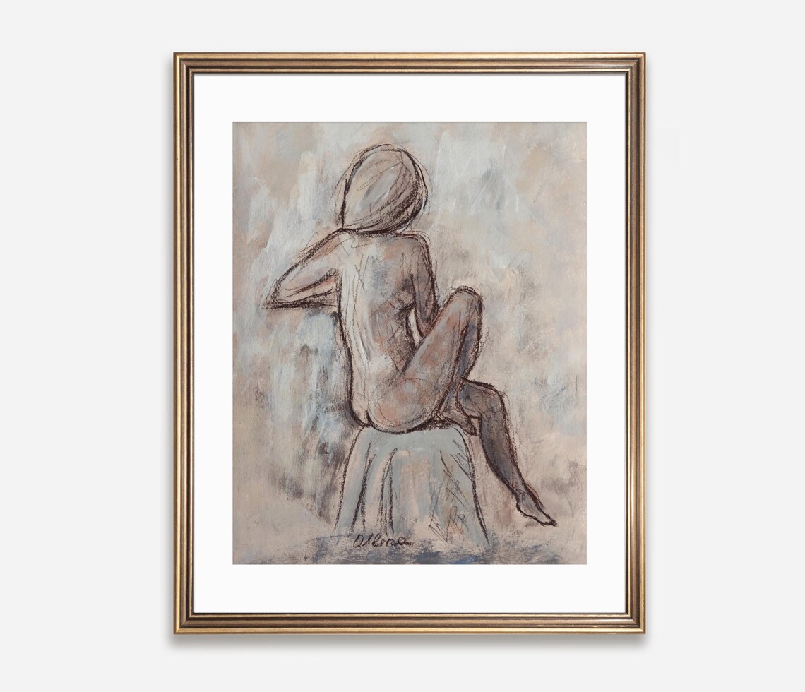 Seated Woman Figure Charcoal Life Drawing Study Neutral Poster