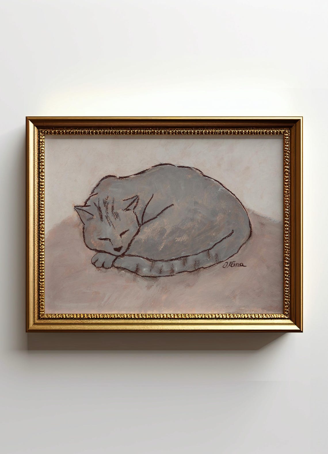 Sleeping Gray Cat Curled Up Cozy Minimalist Neutral Wall Poster