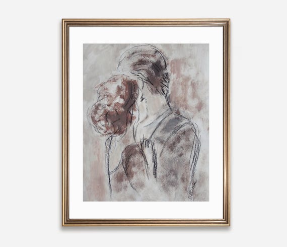 Couple Art Print Romantic Couple Portrait Poster In Neutral Colours Unframed