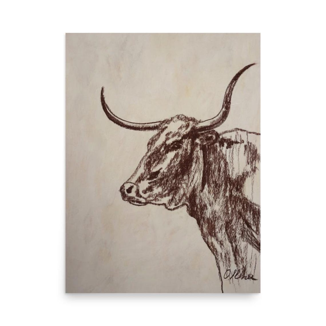 Longhorn Head Profile Ink Sketch Poster Sepia Western Artwork - Image 3