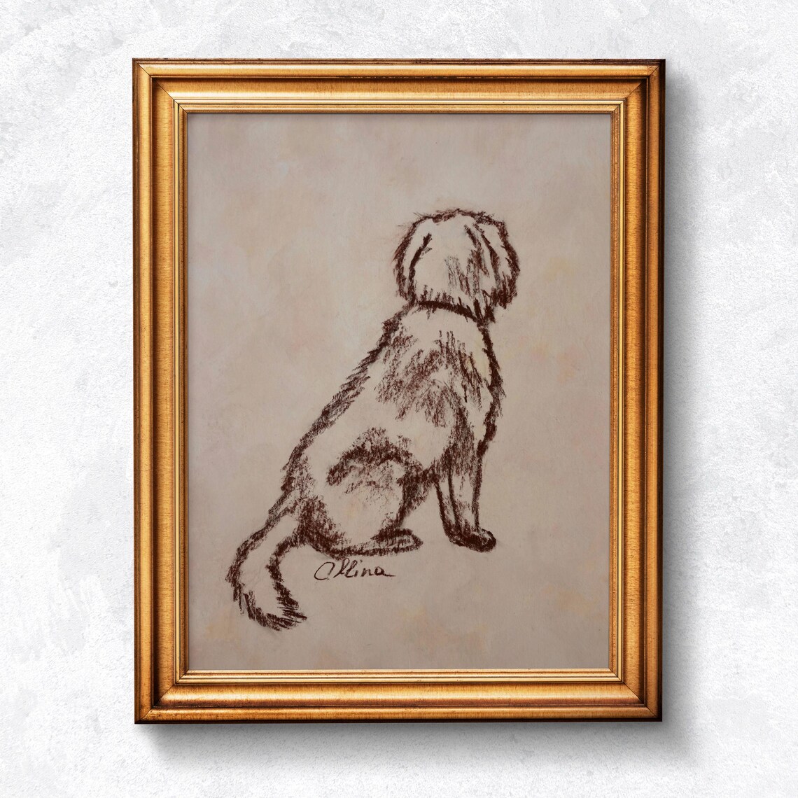 Golden Puppy Sitting From Behind Ink Sketch Poster Sweet Dog Artwork - Image 2