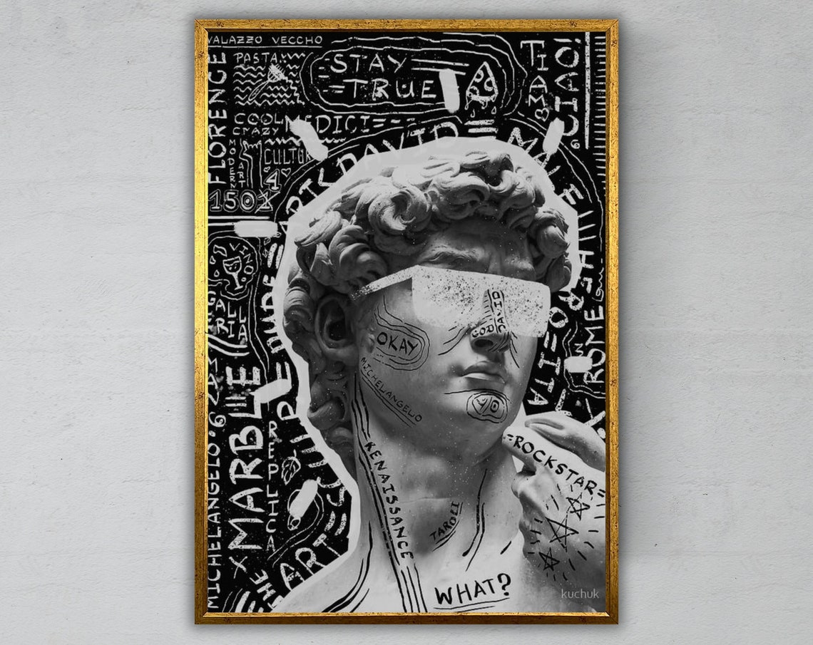 Michelangelo David Graffiti Bust Pop Art Black White Street Poster