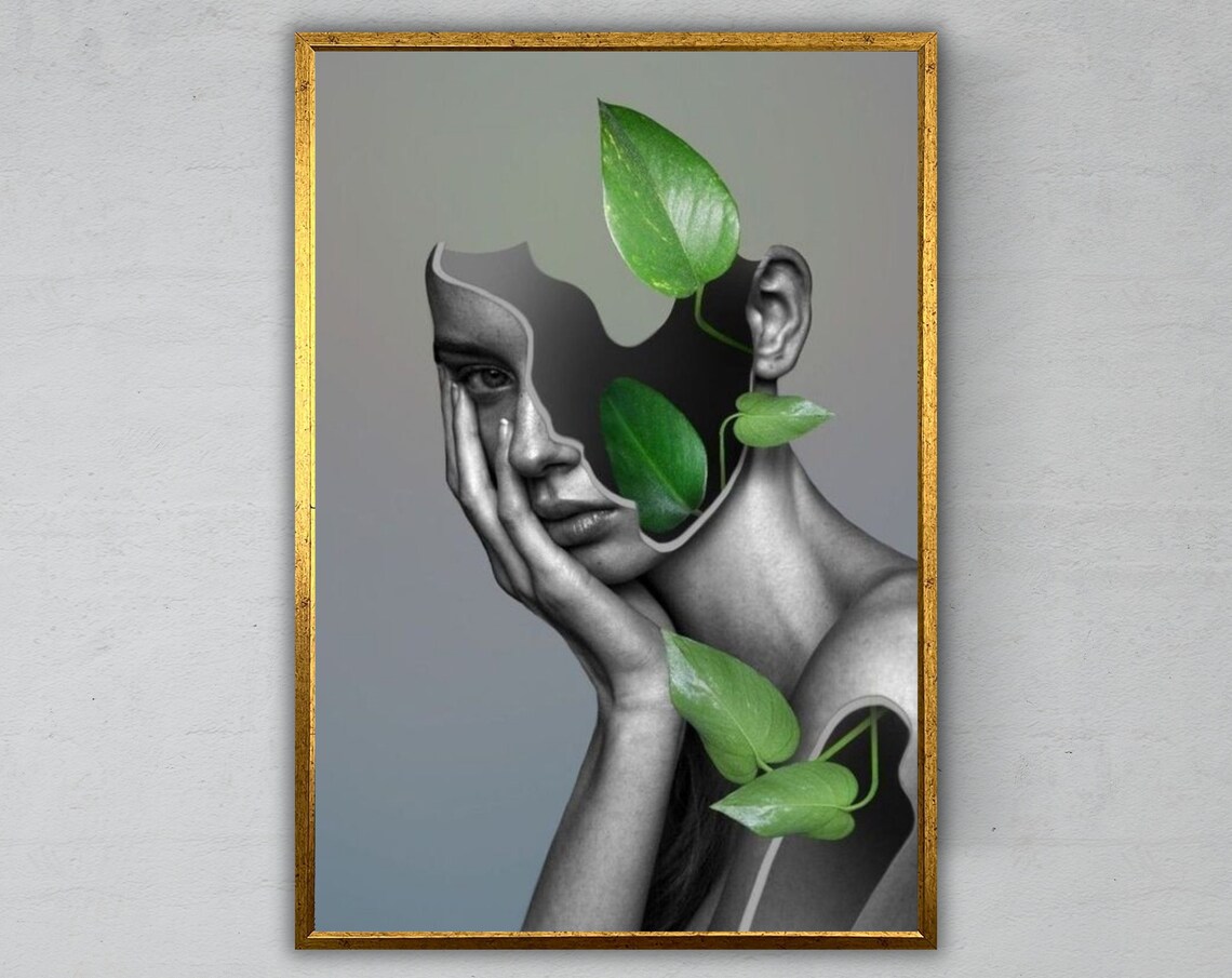 Surreal Woman Portrait Green Leaves Abstract Double Exposure Art Print