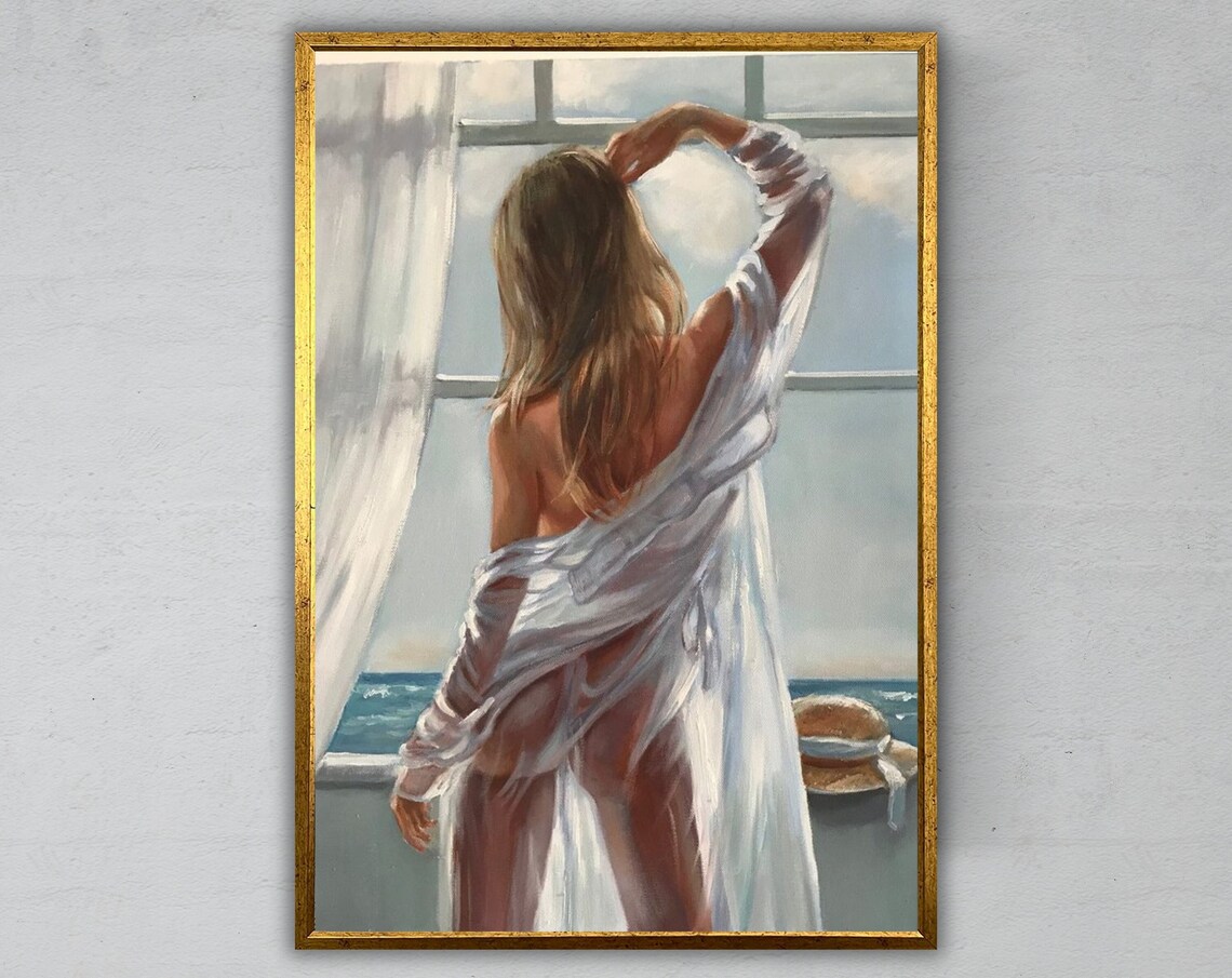 Woman At Open Window With Ocean View White Sheer Dress Seaside Art Print