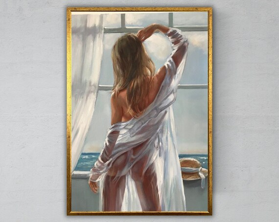 Woman At Open Window With Ocean View White Sheer Dress Seaside Art Print