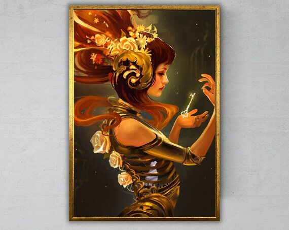 Steampunk Girl With Gears And Glowing Key Fantasy Digital Art Wall Poster
