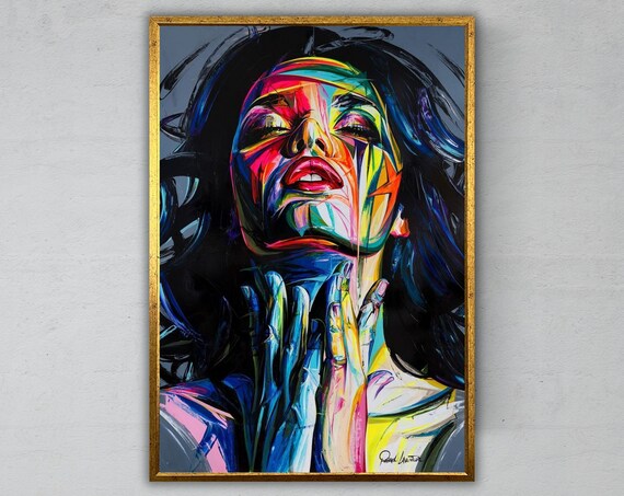 Neon Pop Art Woman Portrait Vivid Pink Blue Face Paint Wall Art
