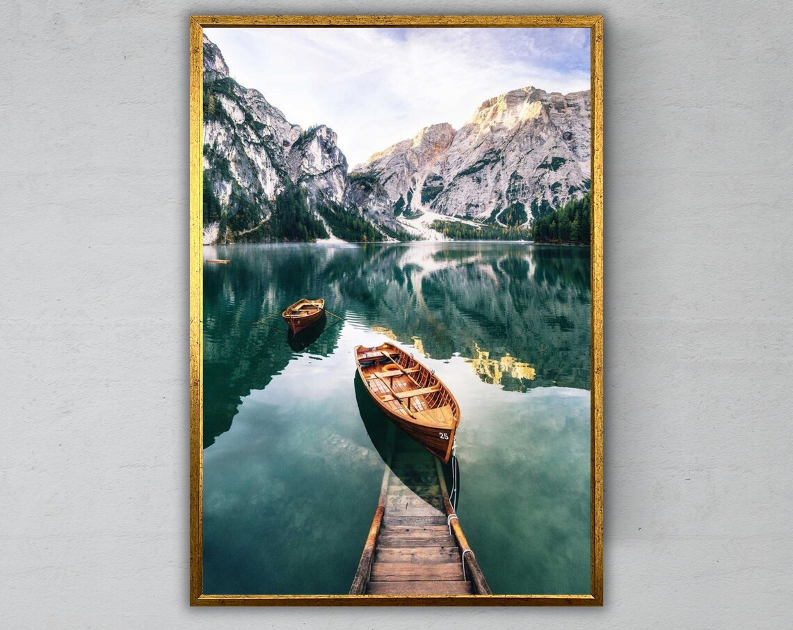 Lago Di Braies Italy Wooden Boats Emerald Lake Dolomites Travel Poster