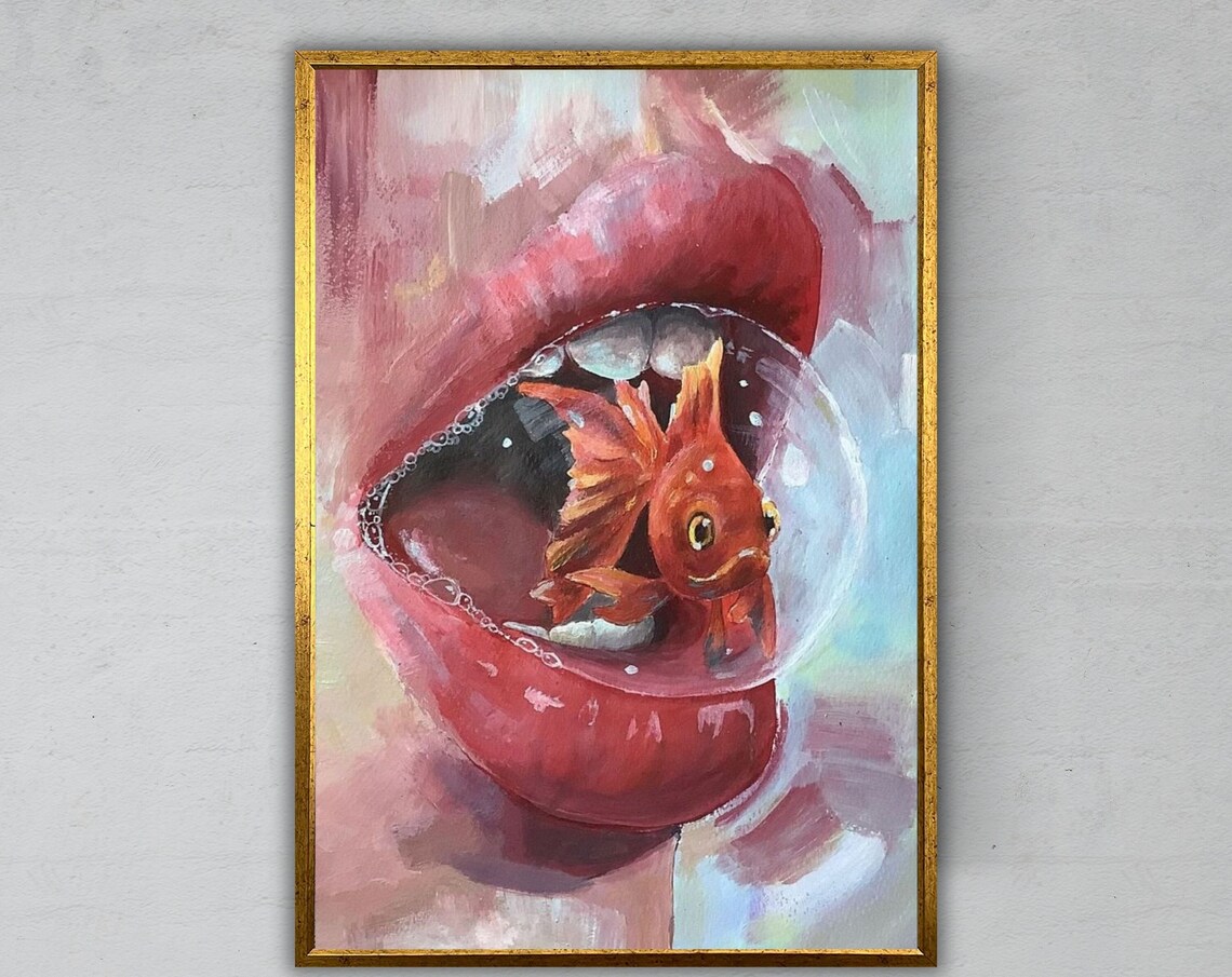 Fish In Mouth Wall Art Surreal Ready To Hang Fish Artwork Nautical Decor Ocean Theme Art