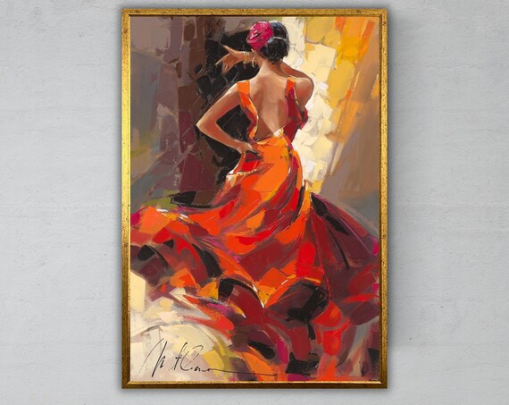 Flamenco Dancer Back View Orange Red Gown Passionate Spanish Painting Poster