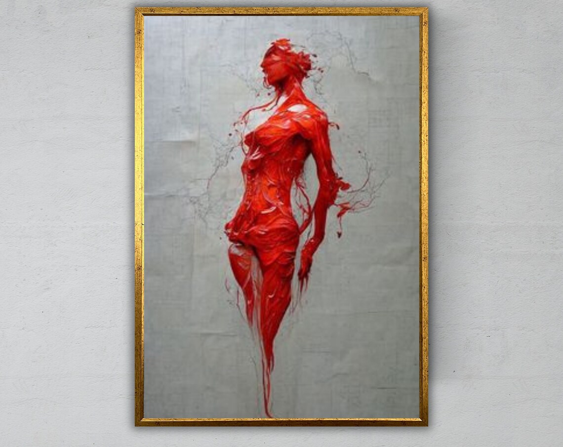 Woman Red Paint Splash Figure Profile Grey Background Expressive Art Print