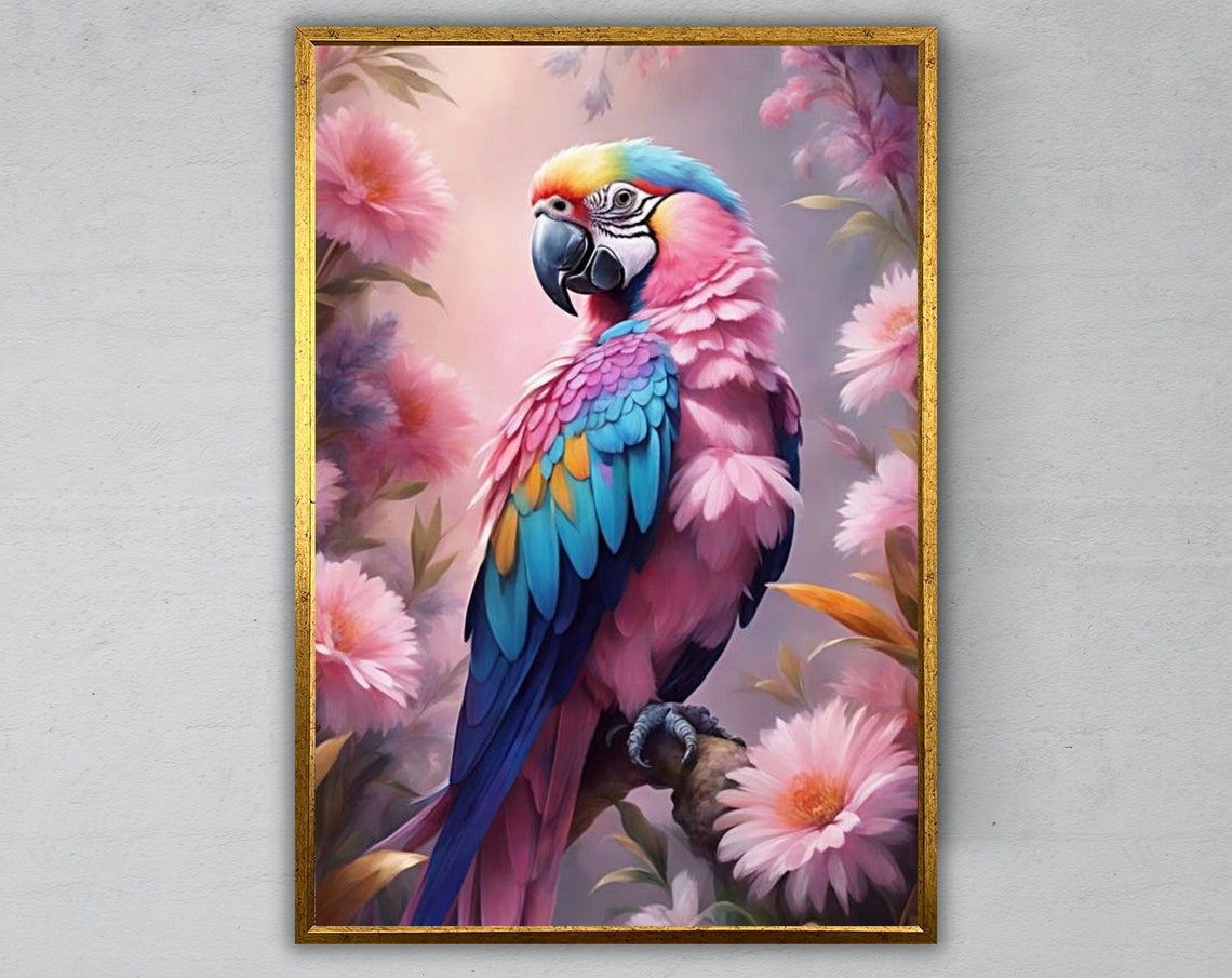 Pink Parrot With Blue Wings Perched Among Blooming Flowers Art Poster