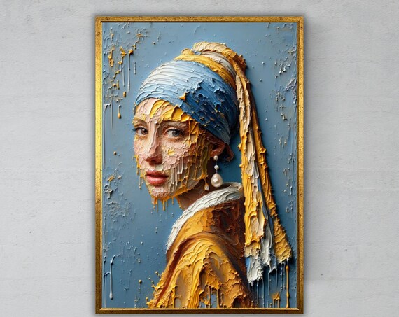Vermeer Girl With A Pearl Earring Textured Impasto Blue Gold Art Print