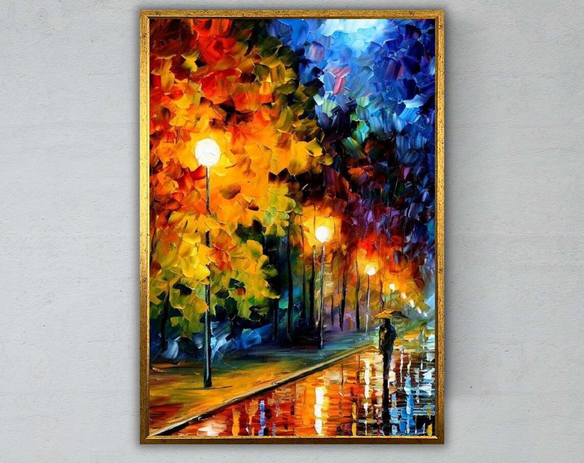 Rainy Night Street Lamps Autumn Trees Umbrella City Lights Poster