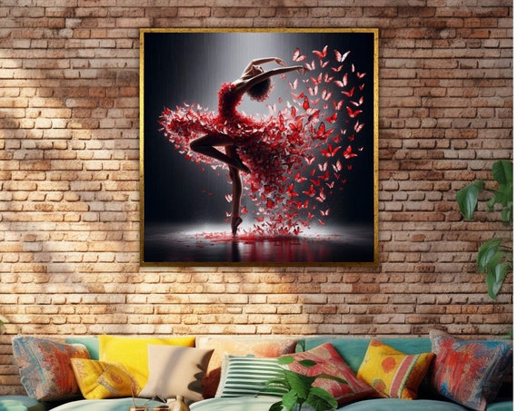 Modern Dance Woman Red Butterfly Print Wall Art Decor Ready To Hang Ballerina Dress