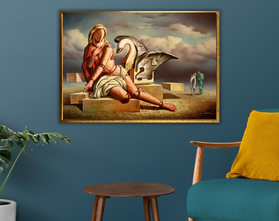Surreal Figure With Swan In Desert Landscape Dreamlike Oil Painting Wall Art