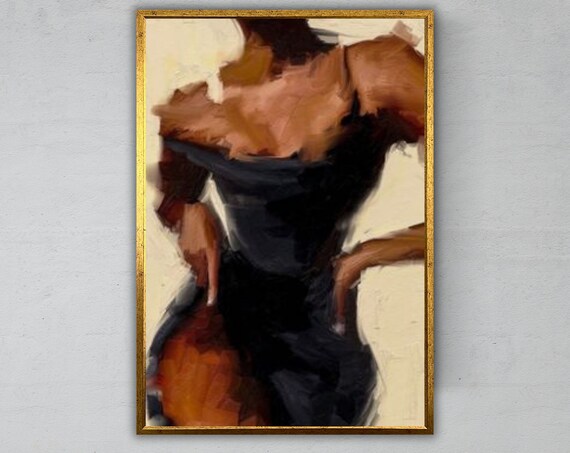 Woman Black Dress Abstract Beige Background Painterly Elegant Portrait Art Print