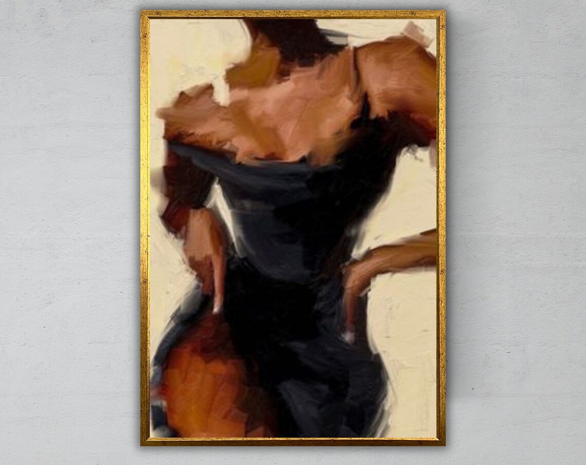 Woman Black Dress Abstract Beige Background Painterly Elegant Portrait Art Print