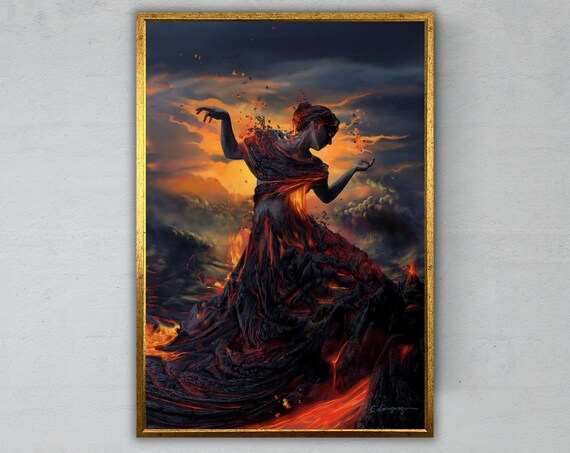 Volcano Woman Made Of Lava Dancing At Sunset Dramatic Fantasy Art Poster