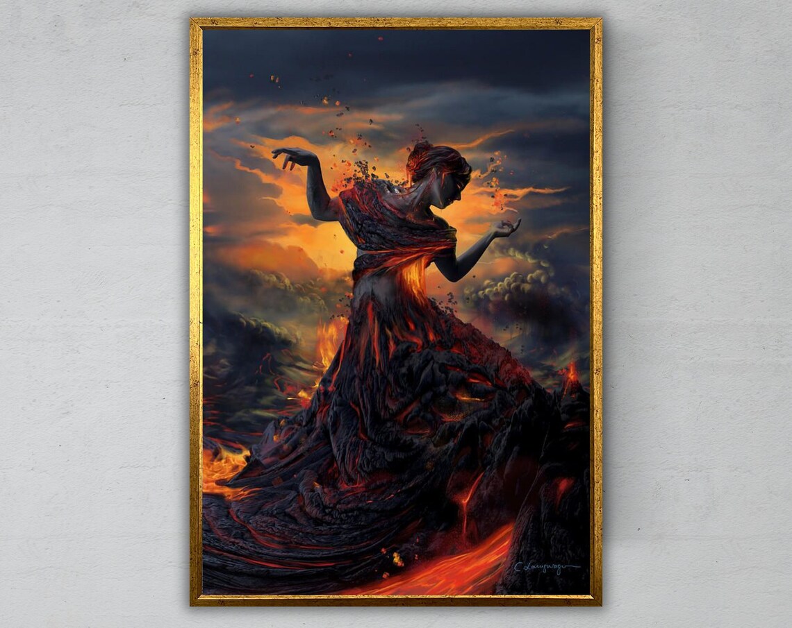 Volcano Woman Made Of Lava Dancing At Sunset Dramatic Fantasy Art Poster