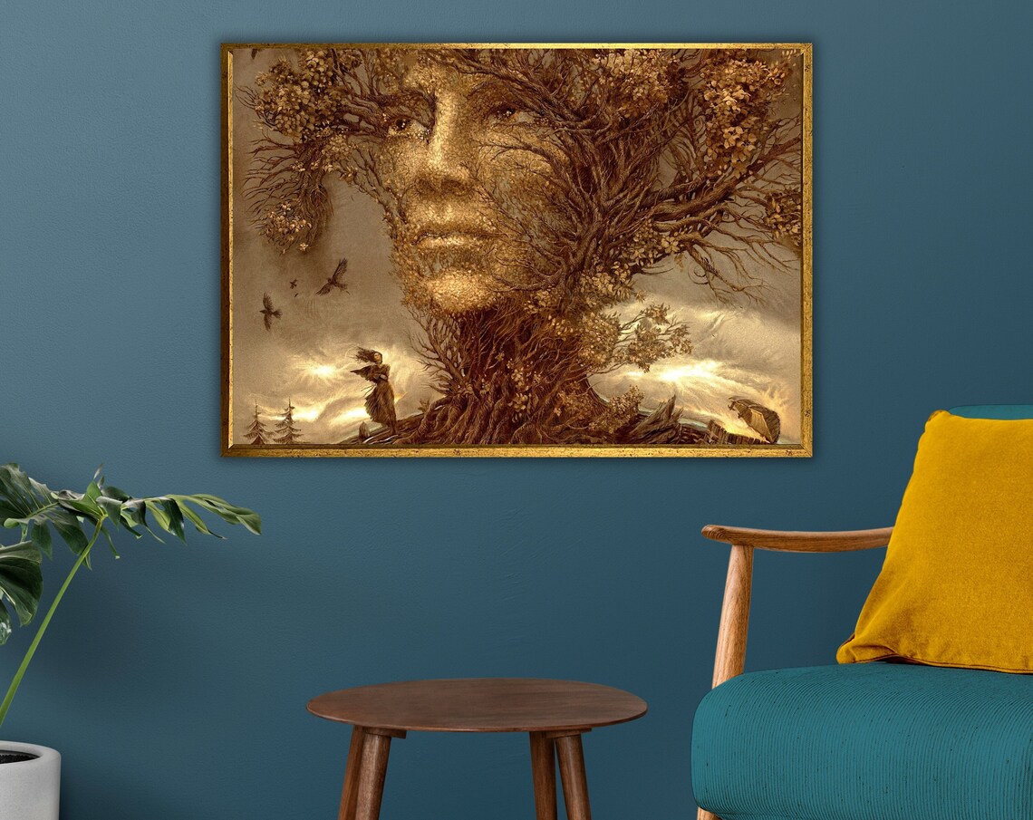 Surreal Tree Spirit Face Golden Forest Birds Fantasy Nature Art Print