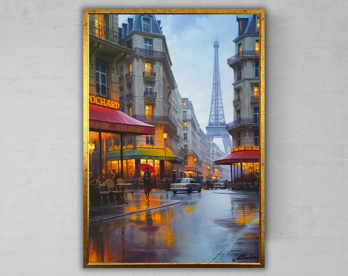 Rainy Paris Street Eiffel Tower Evening Cafe Scene Oil Painting Poster