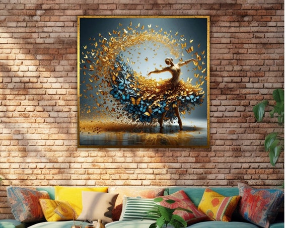 Modern Dance Woman Yellow Butterfly Print Wall Art Decor Ready To Hang Ballerina Dress