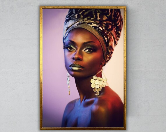 African Woman Portrait Colorful Headwrap Gold Earrings Dramatic Art Print Poster