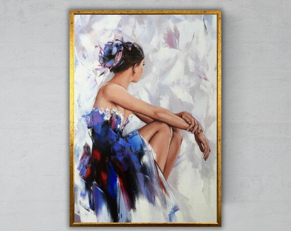 Seated Woman Flowing Blue Dress Soft White Background Elegant Painting Art Print