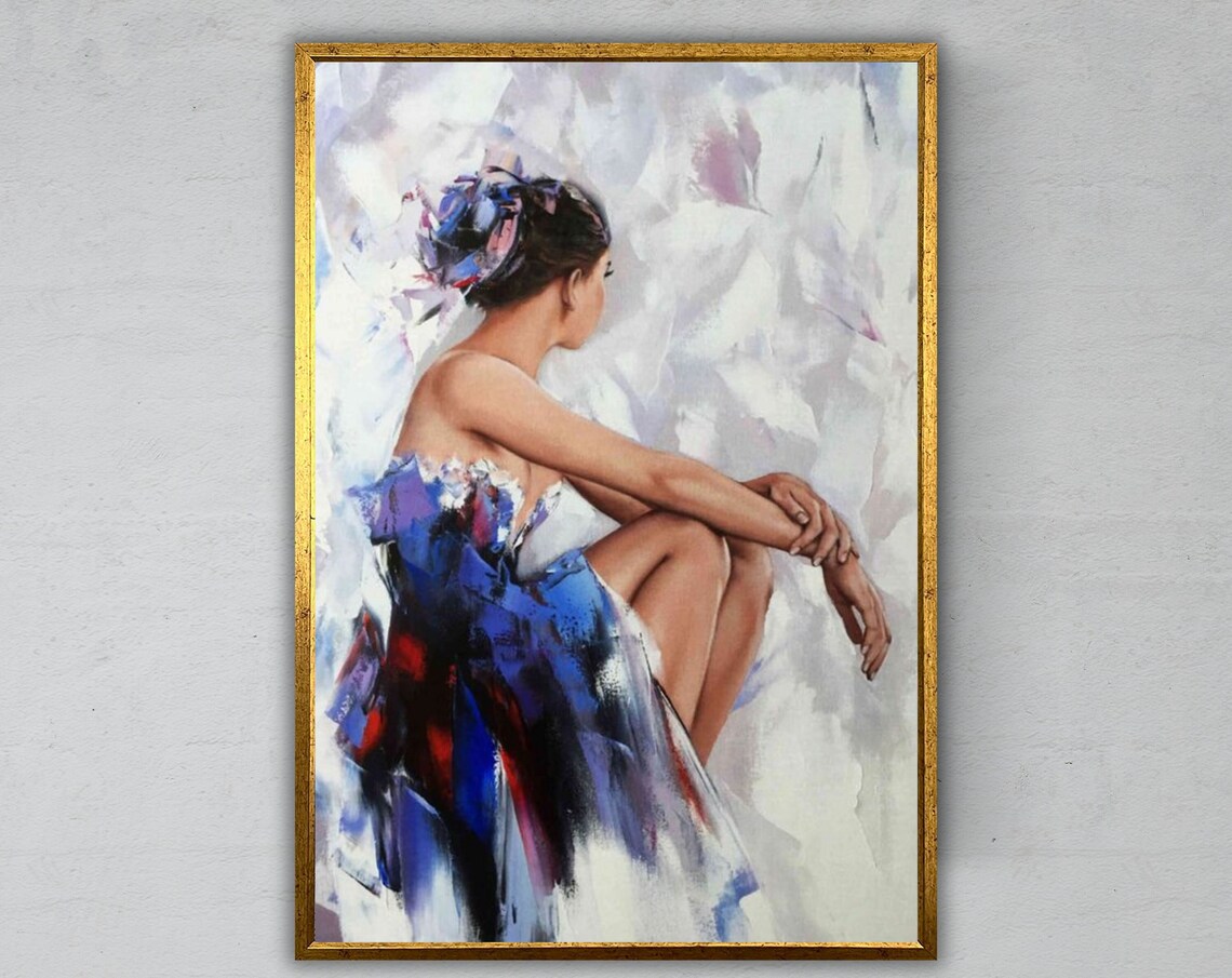 Seated Woman Flowing Blue Dress Soft White Background Elegant Painting Art Print