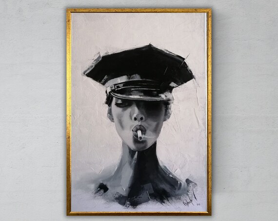 Woman Police Cap Smoking Monochrome Black White Bold Portrait Art Print Poster