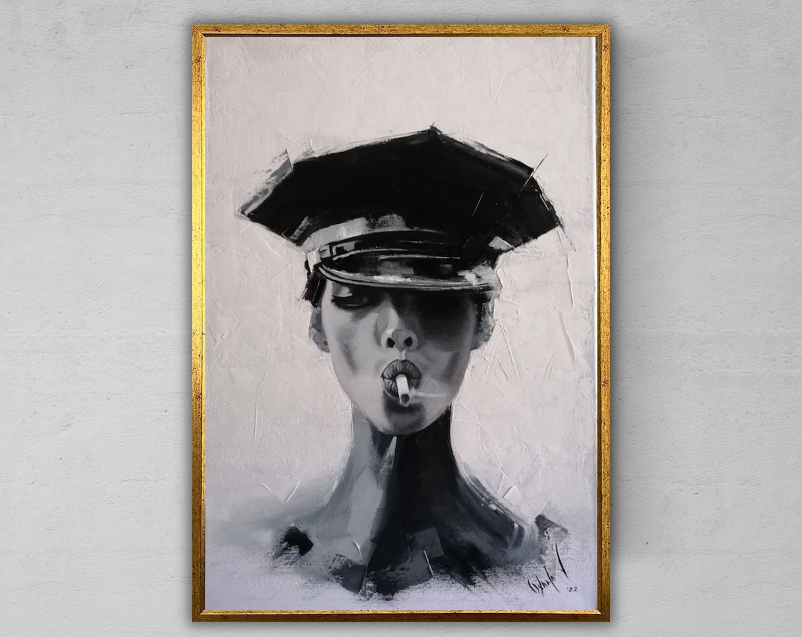 Woman Police Cap Smoking Monochrome Black White Bold Portrait Art Print Poster